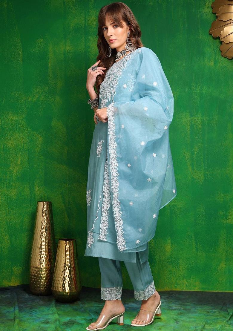 Blue Embroidered Silk Kurta Set - Indya