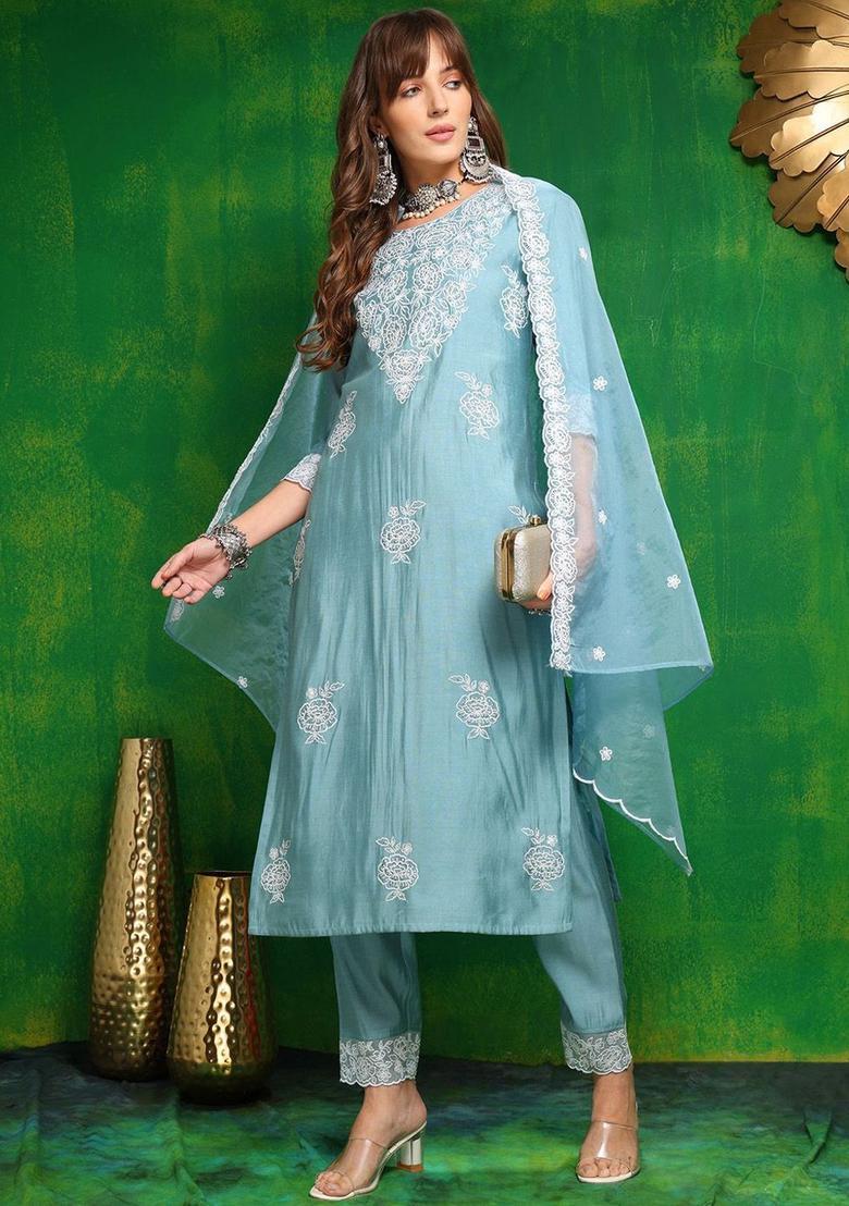 Blue Embroidered Silk Kurta Set - Indya