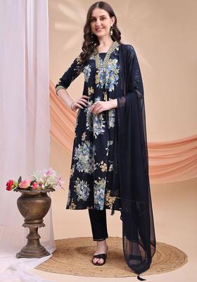 Navy Blue Printed Viscose Kurta Set