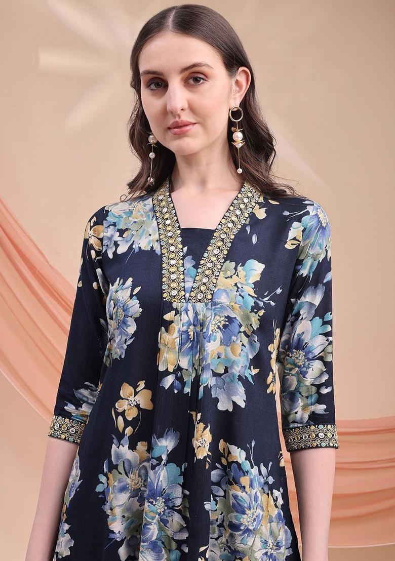 Navy Blue Printed Viscose Kurta Set - Indya