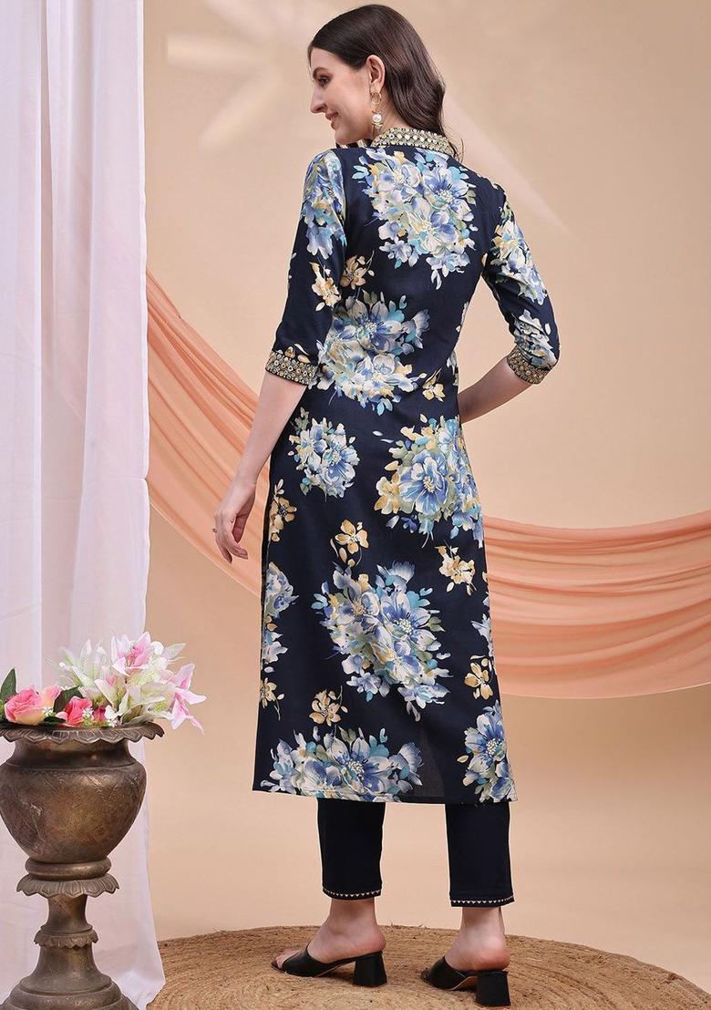 Navy Blue Printed Viscose Kurta Set - Indya