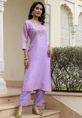 Lavender Embroidered Viscose Kurta Set