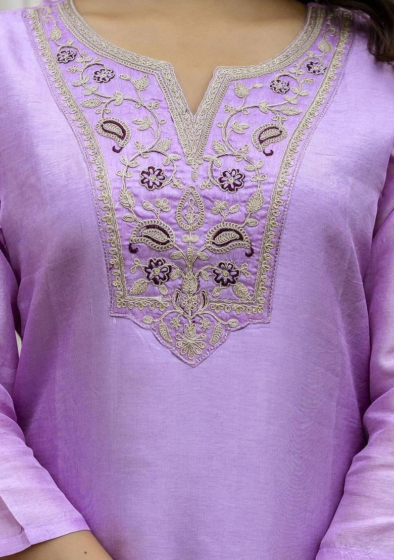 Lavender Embroidered Viscose Kurta Set - Indya