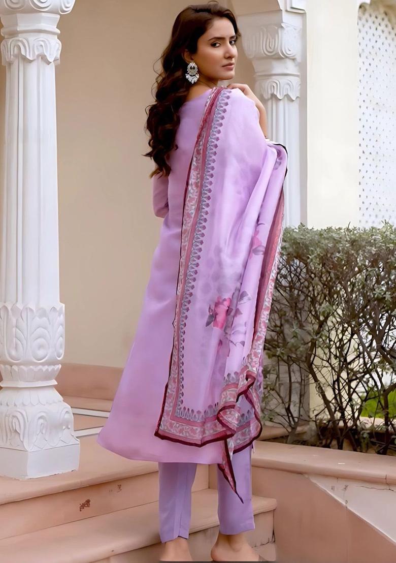 Lavender Embroidered Viscose Kurta Set - Indya