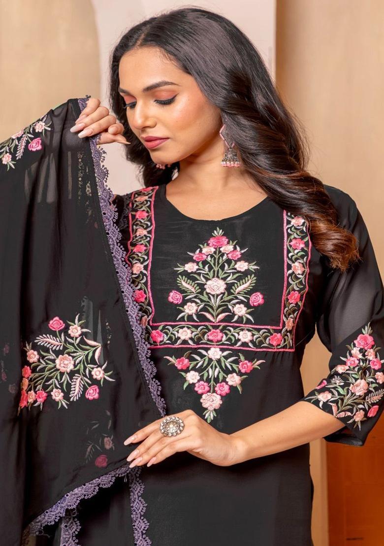 Black Yoke Design Georgette Kurta Set - Indya
