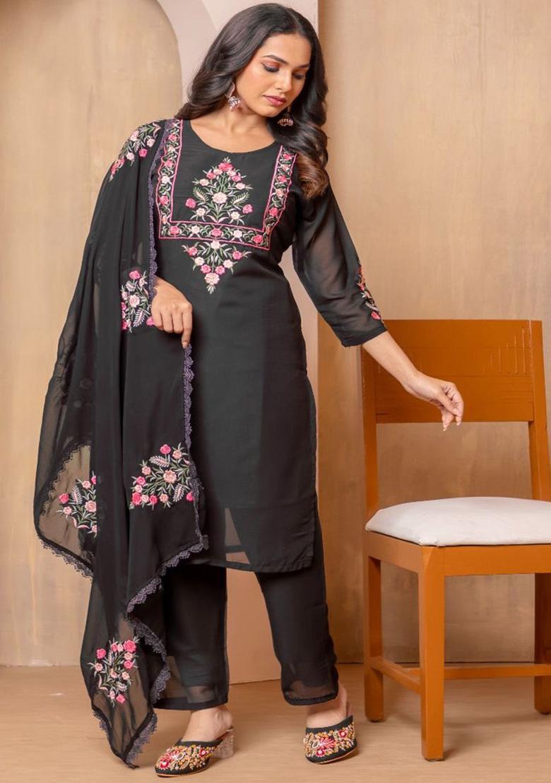 Black Yoke Design Georgette Kurta Set - Indya
