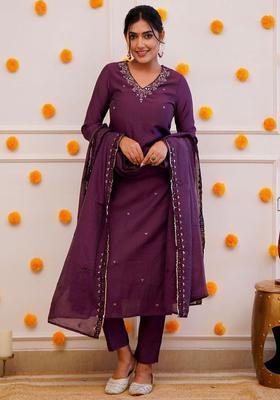 Purple Embroidered Silk Kurta Set
