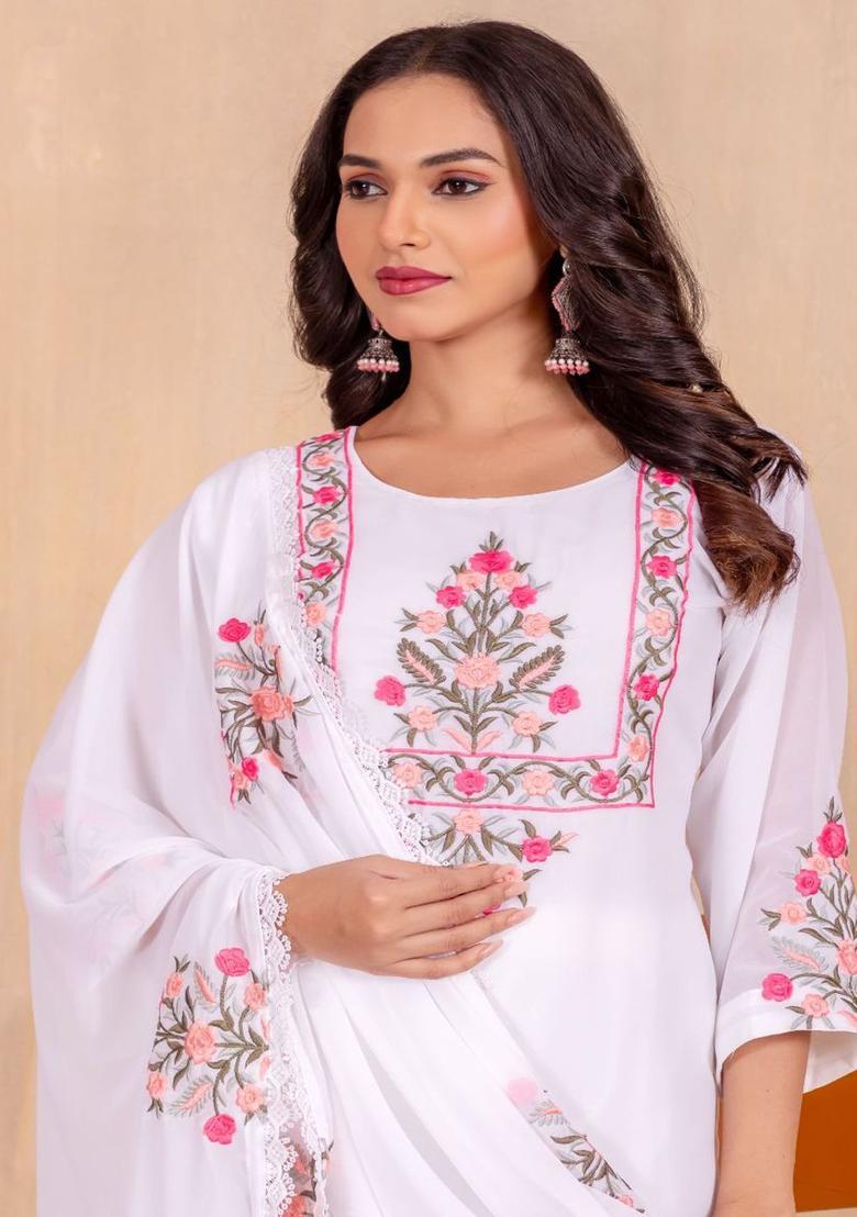 White Embroidered Georgette Kurta Set - Indya