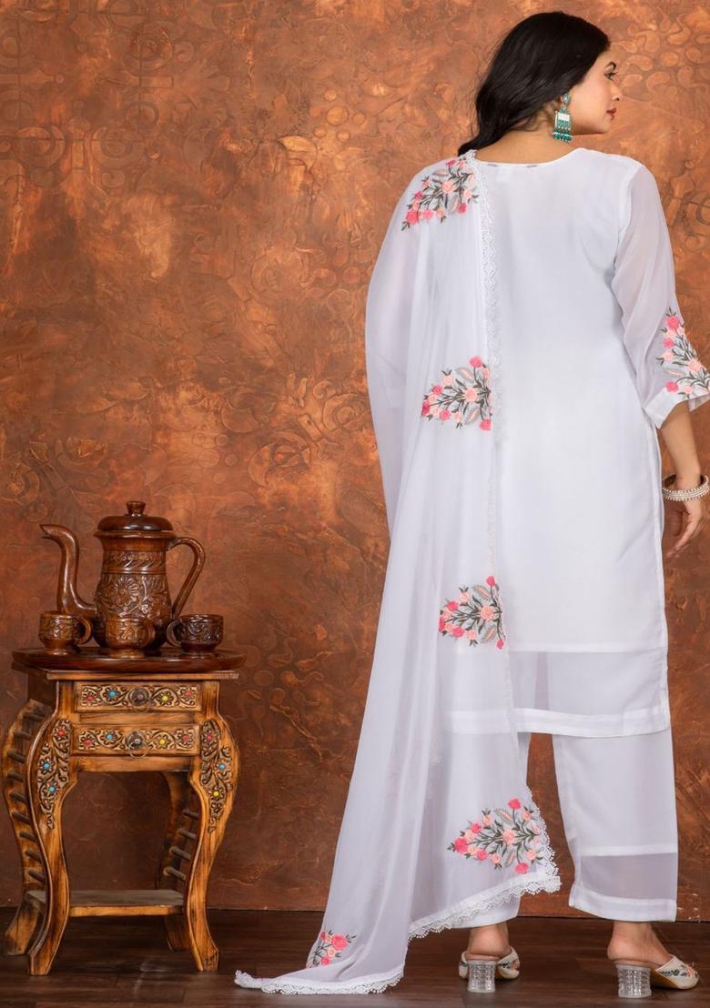 White Embroidered Georgette Kurta Set - Indya