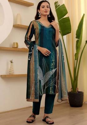 Teal Printed Viscose Kurta Set