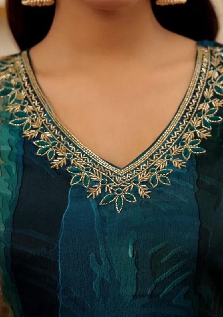 Teal Printed Viscose Kurta Set - Indya
