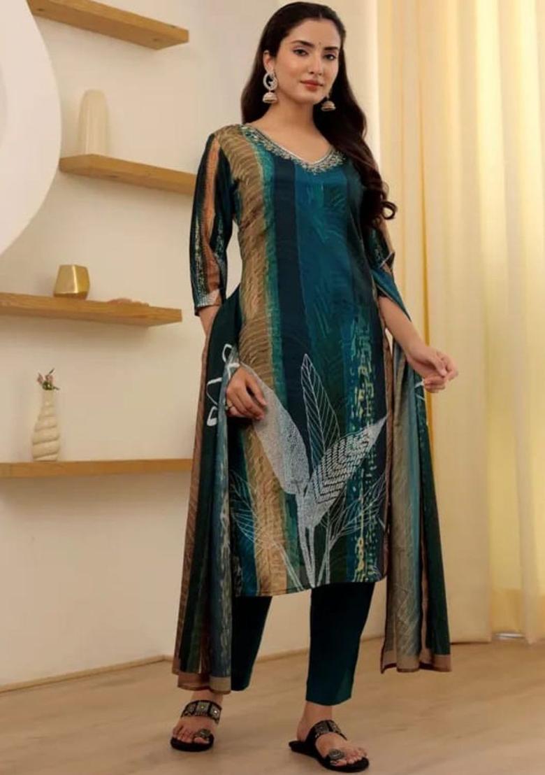 Teal Printed Viscose Kurta Set - Indya