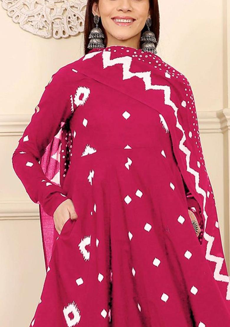 Pink Printed Viscose Kurta Set - Indya