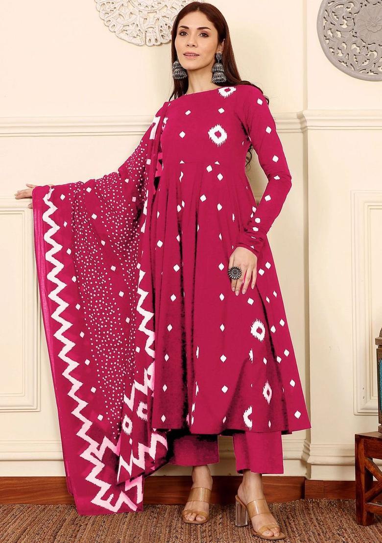 Pink Printed Viscose Kurta Set - Indya