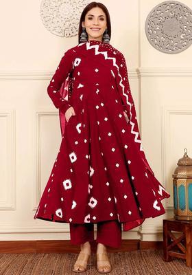 Red Printed Viscose Anarkali Set