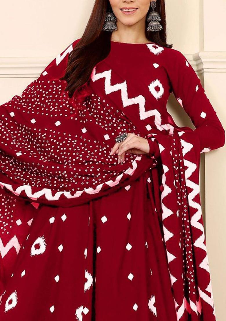 Red Printed Viscose Anarkali Set - Indya