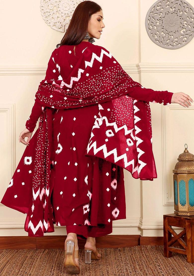 Red Printed Viscose Anarkali Set - Indya