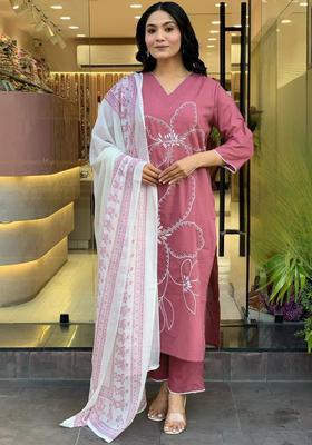 Pink Embroidered Viscose Kurta Set