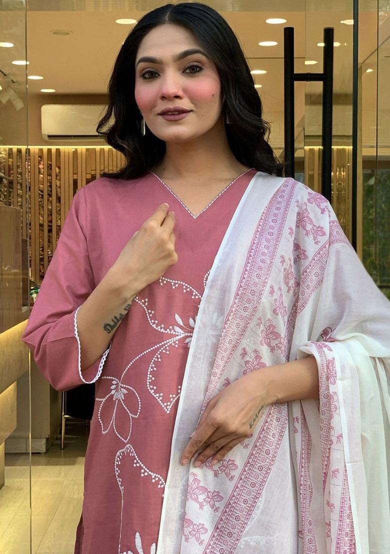 Pink Embroidered Viscose Kurta Set - Indya