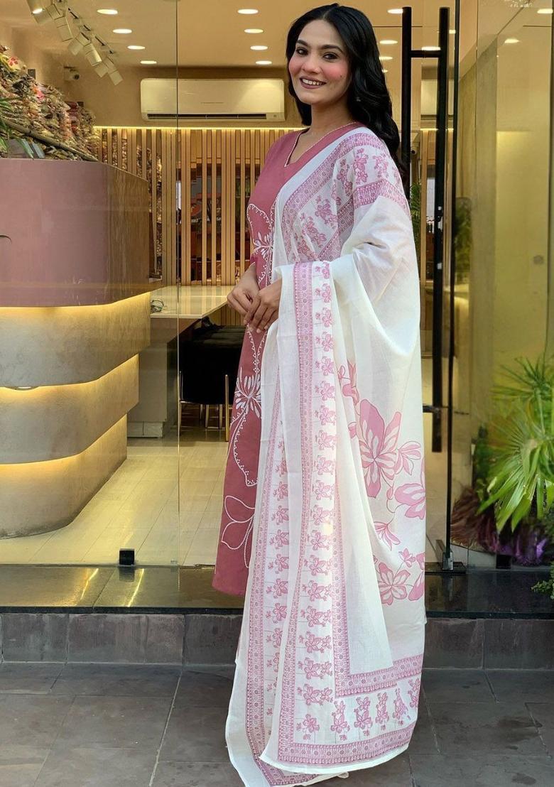 Pink Embroidered Viscose Kurta Set - Indya