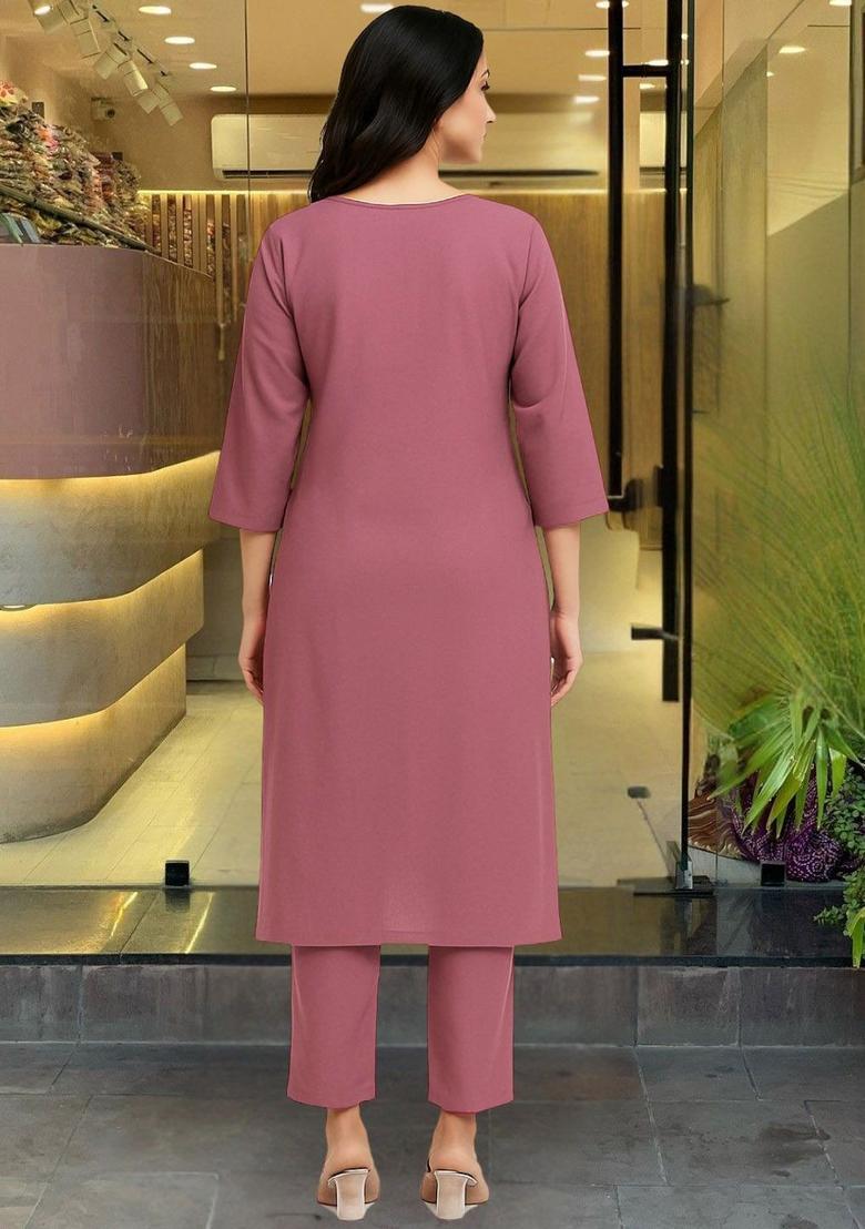 Pink Embroidered Viscose Kurta Set - Indya