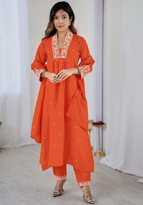 Orange Embroidered Silk Kurta Set