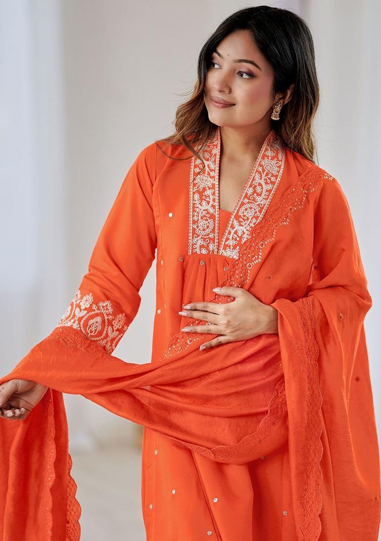 Orange Embroidered Silk Kurta Set - Indya