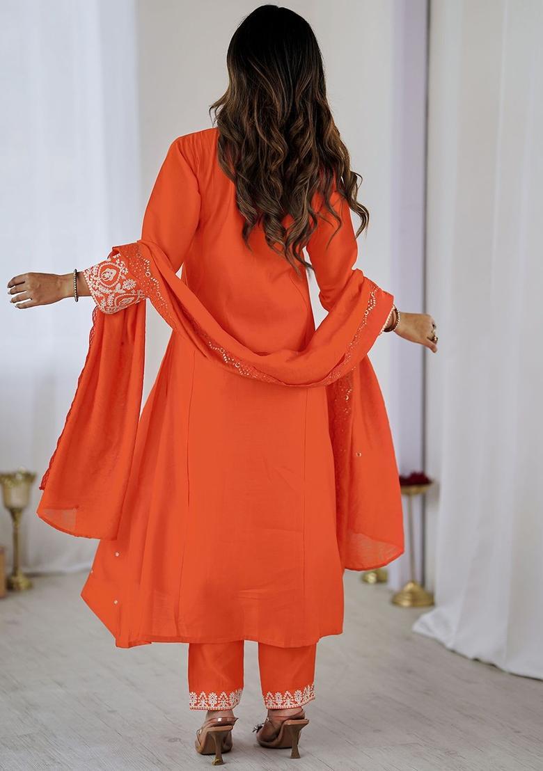 Orange Embroidered Silk Kurta Set - Indya