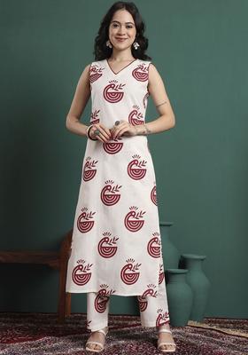 White Printed Cotton Kurta Set