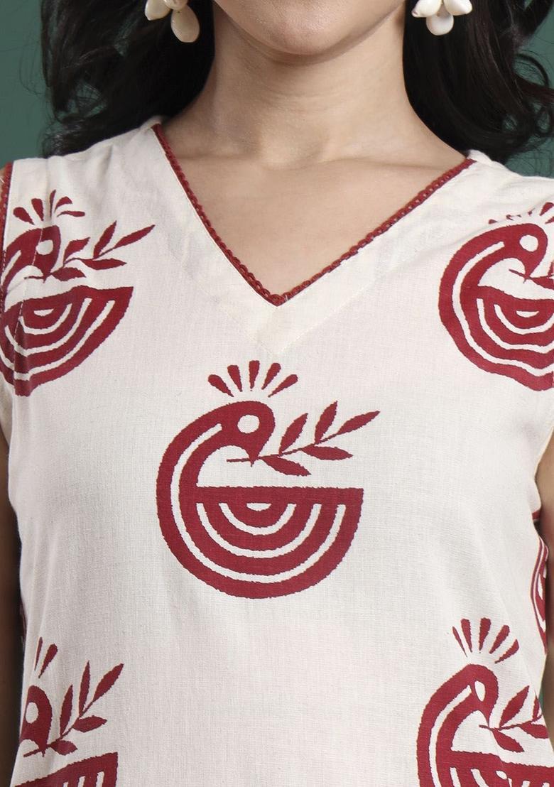 White Printed Cotton Kurta Set - Indya