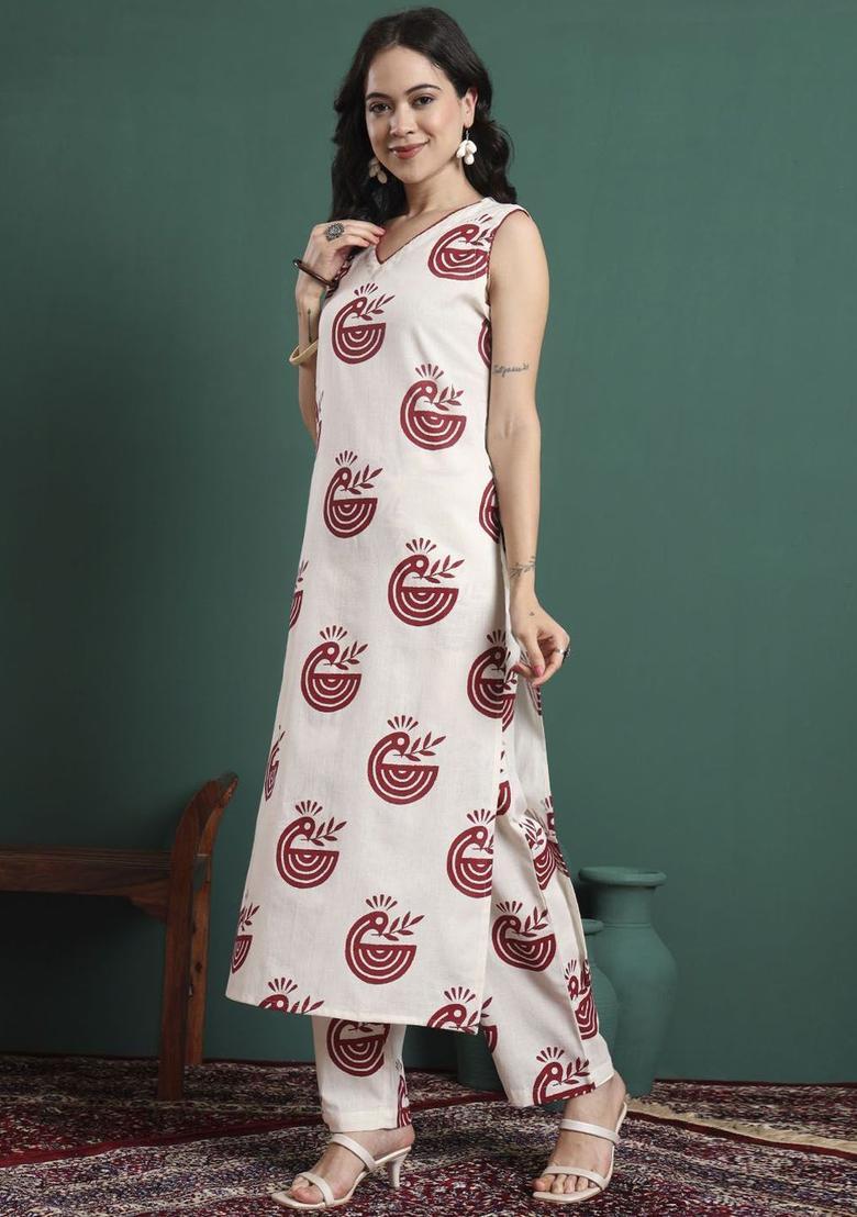 White Printed Cotton Kurta Set - Indya