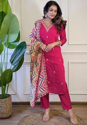 Pink Embroidered Viscose Kurta Set