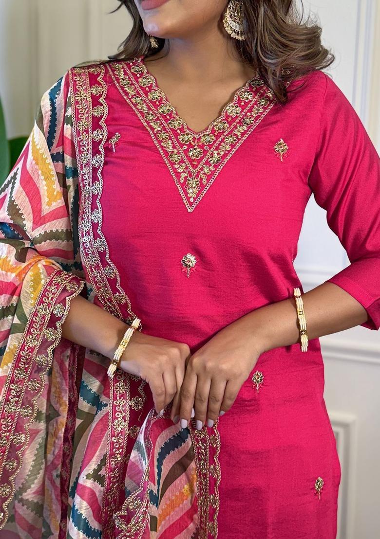 Pink Embroidered Viscose Kurta Set - Indya