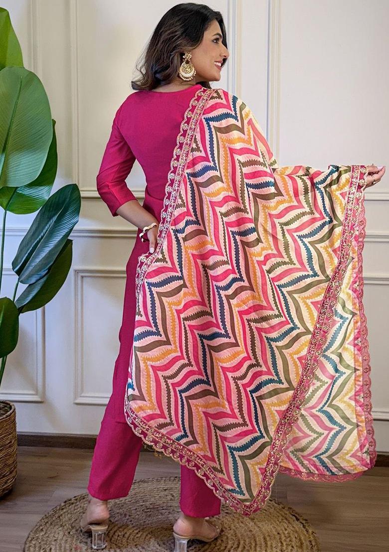 Pink Embroidered Viscose Kurta Set - Indya