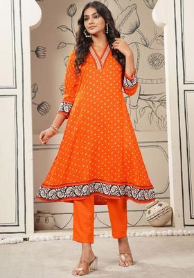 Orange Printed Viscose Kurta Set