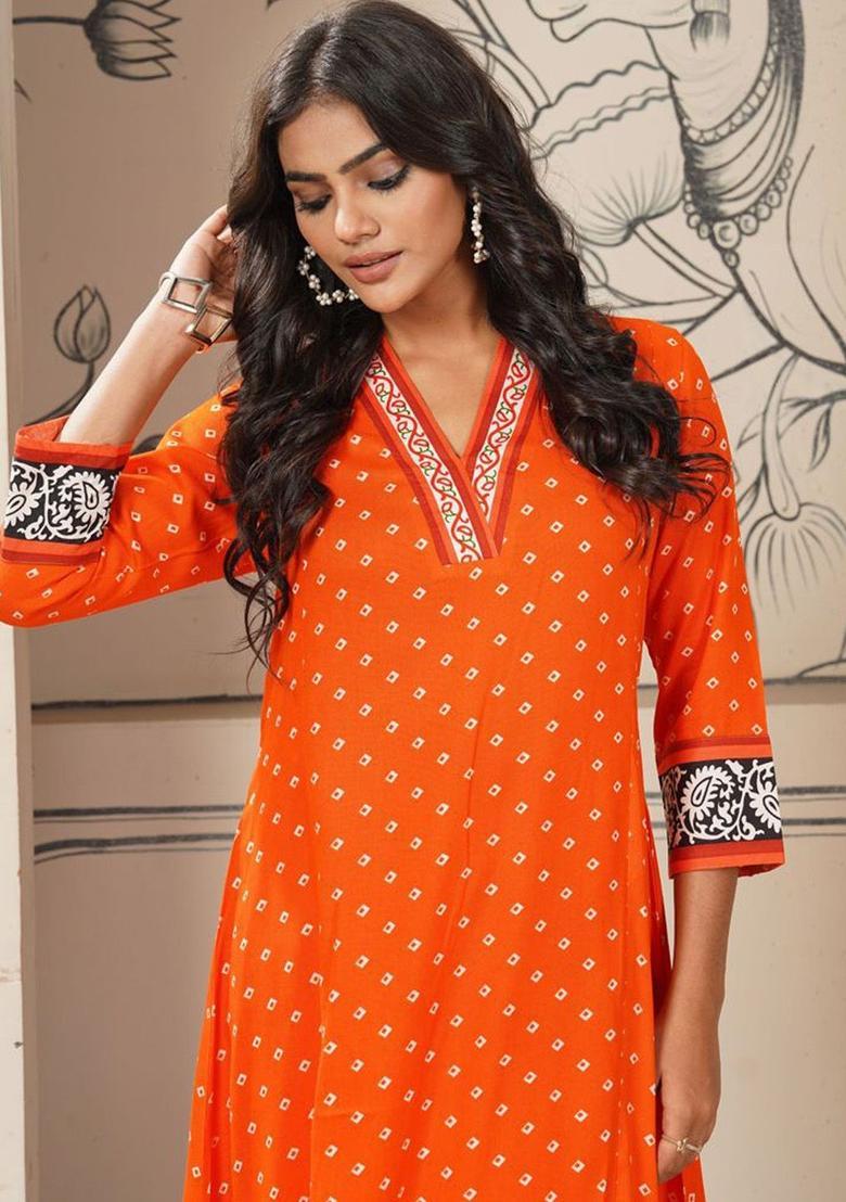 Orange Printed Viscose Kurta Set - Indya