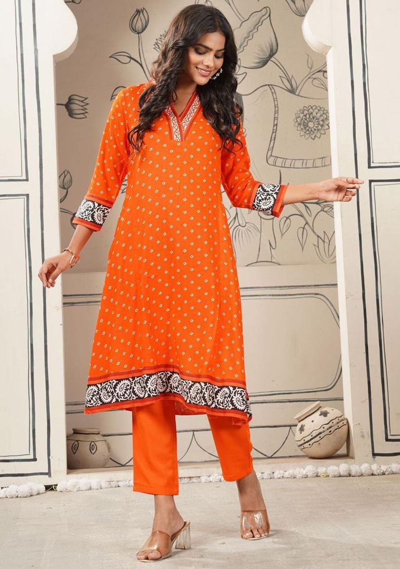 Orange Printed Viscose Kurta Set - Indya