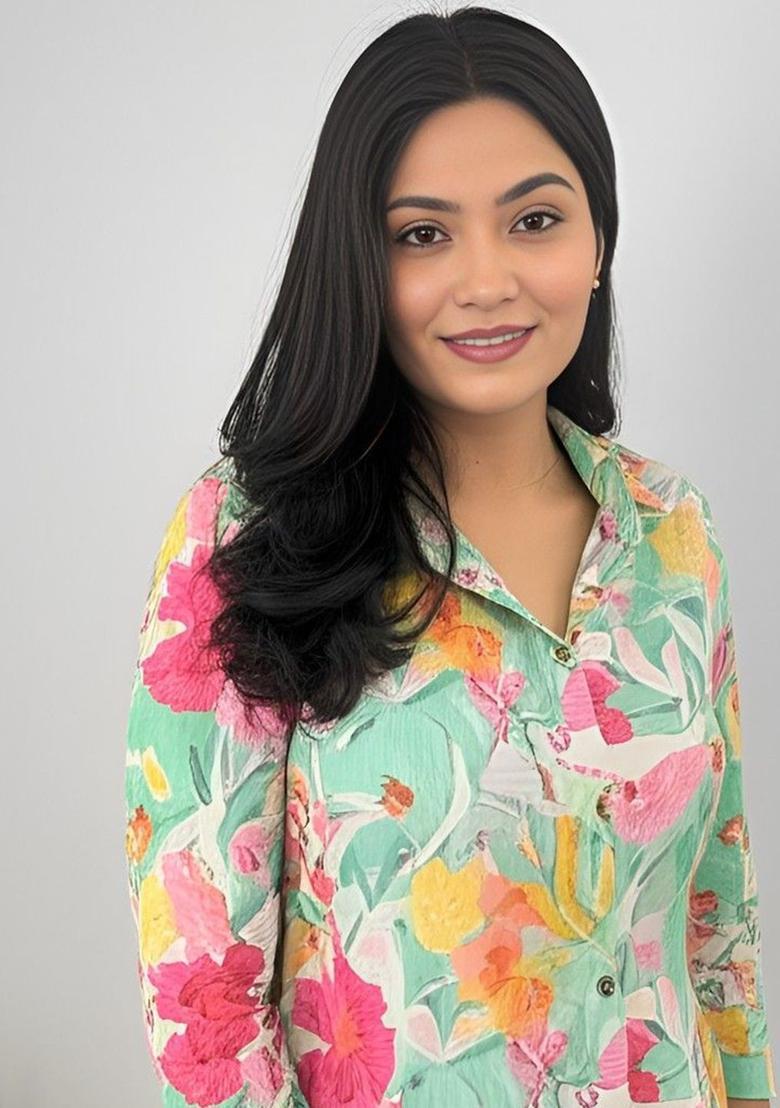 Green Printed Cotton Kurta Set - Indya