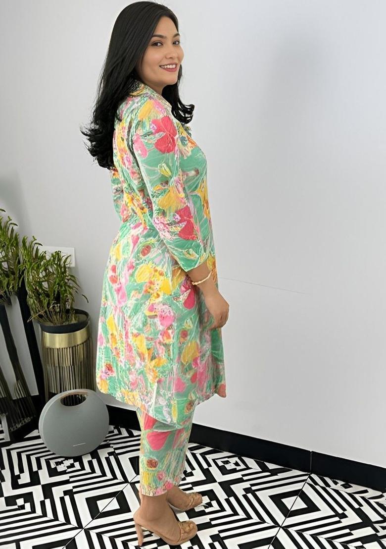 Green Printed Cotton Kurta Set - Indya