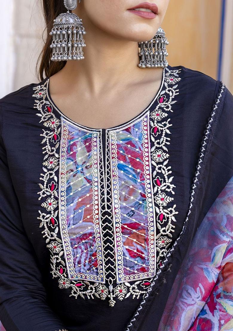 Black Embroidered Viscose Kurta Set - Indya