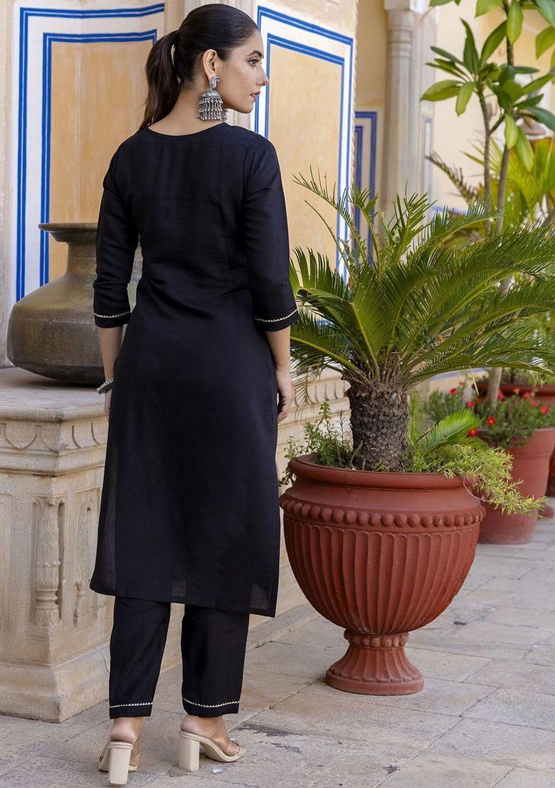 Black Embroidered Viscose Kurta Set - Indya
