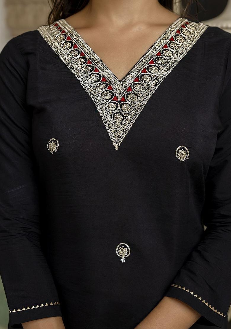 Black Embroidered Viscose Kurta Set - Indya