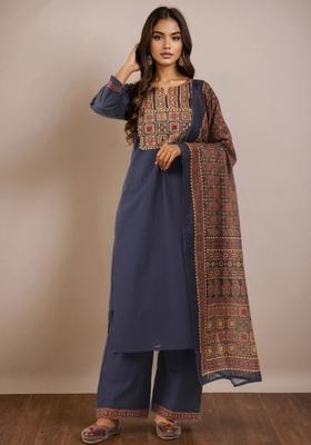 Navy Blue Solid Cotton Kurta Set