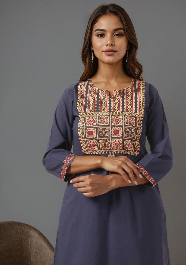 Navy Blue Solid Cotton Kurta Set - Indya