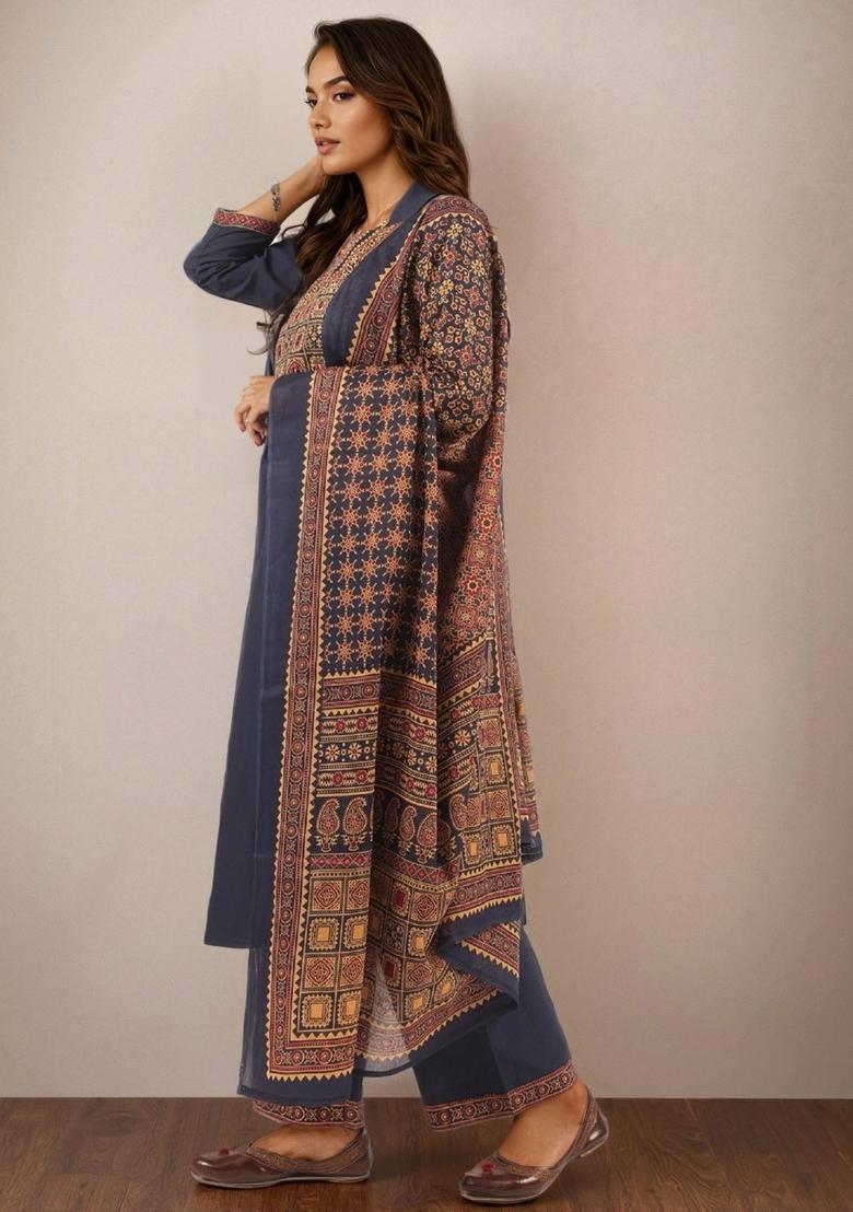 Navy Blue Solid Cotton Kurta Set - Indya