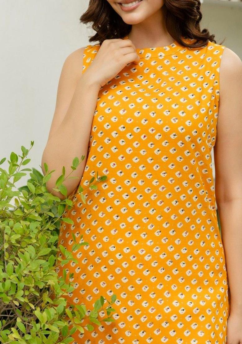 Mustard Printed Viscose Kurta Set - Indya