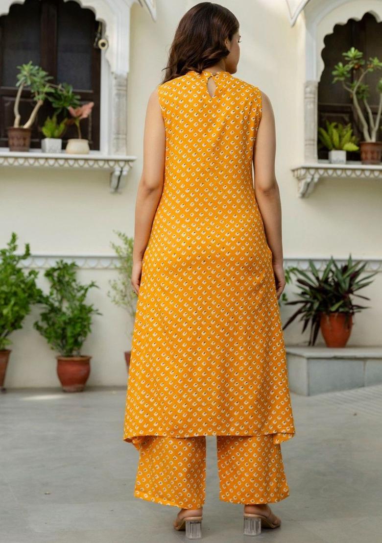 Mustard Printed Viscose Kurta Set - Indya