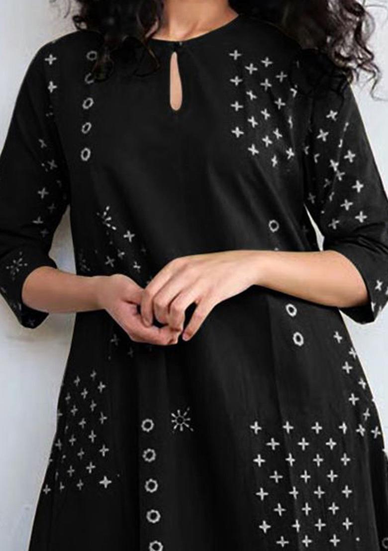 Black Printed Viscose Kurta Set - Indya