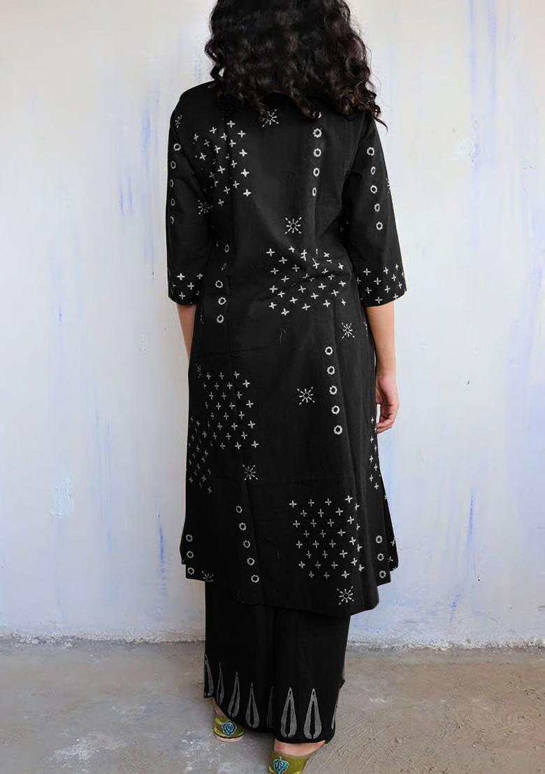 Black Printed Viscose Kurta Set - Indya
