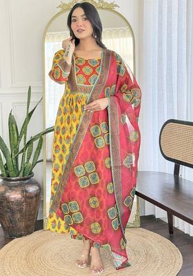 Yellow Printed Viscose Kurta Set